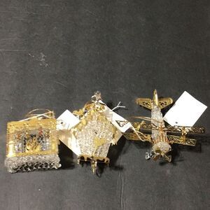 Set of 6 glass and gold ornaments pinecone plane fireplace and birdhouse